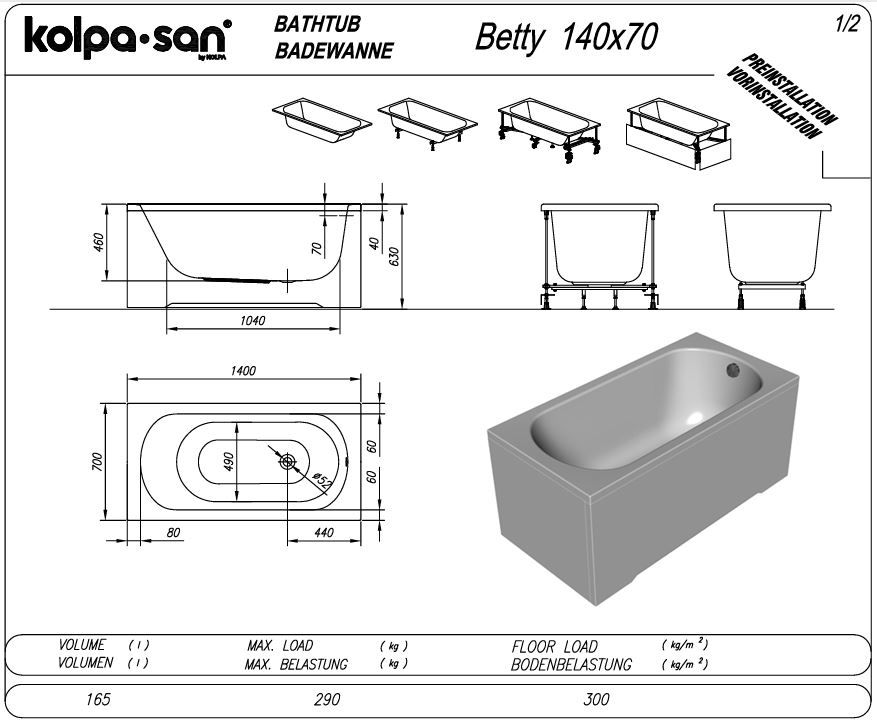 Маленькая гидромассажная ванна Kolpa San Betty (Бэтти) 140x70 схема 2