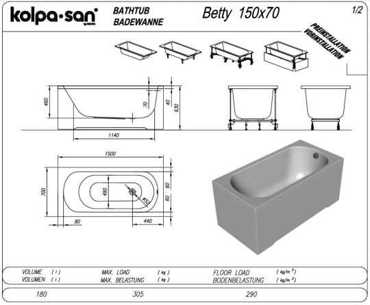 Короткая гидромассажная ванна Kolpa San Betty (Бэтти) 150x70 ФОТО