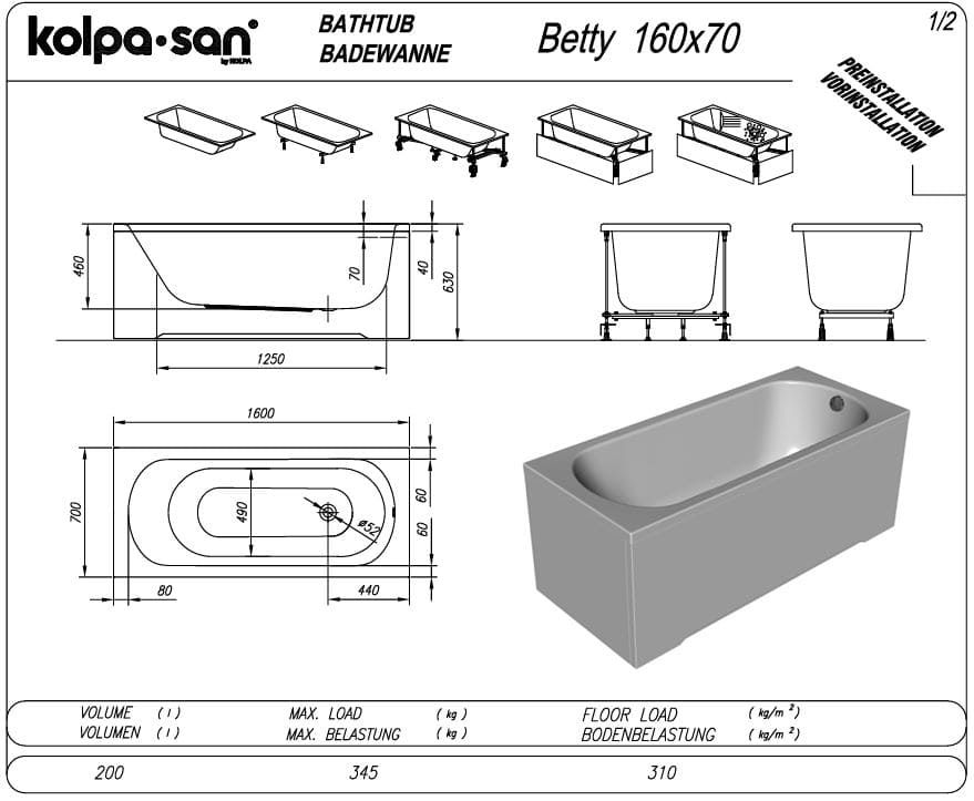 Короткая гидромассажная ванна Kolpa San Betty (Бэтти) 160x70 схема 2