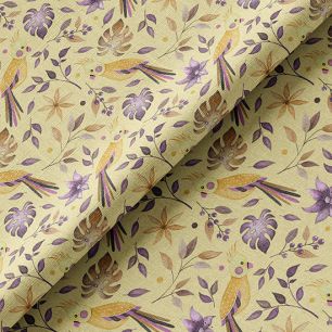 Ткань хлопок для шитья кукол Е.Кононова фиолетово-желтые попугайчики на бежевом limit 054