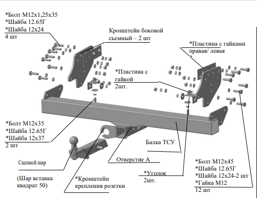 Фаркоп "Трейлер" на Mitsubishi L200 2015- (кроме Long) твердое крепление шара