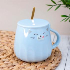 Керамическая кружка подмигивающий котик с ложкой и крышкой