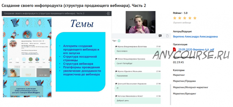 Вебинары 'Создание своего инфопродукта (курса или серии вебинаров). С чего начать?' Часть 1, Часть 2. (Александра Веретено)