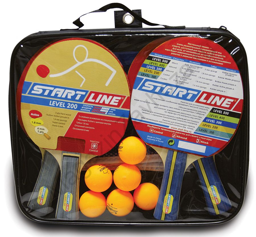 Набор START LINE: 4 Ракетки Level 200, 6 Мячей Club Select. Сетка с креплением, упаковано в сумку на молнии с ручкой.