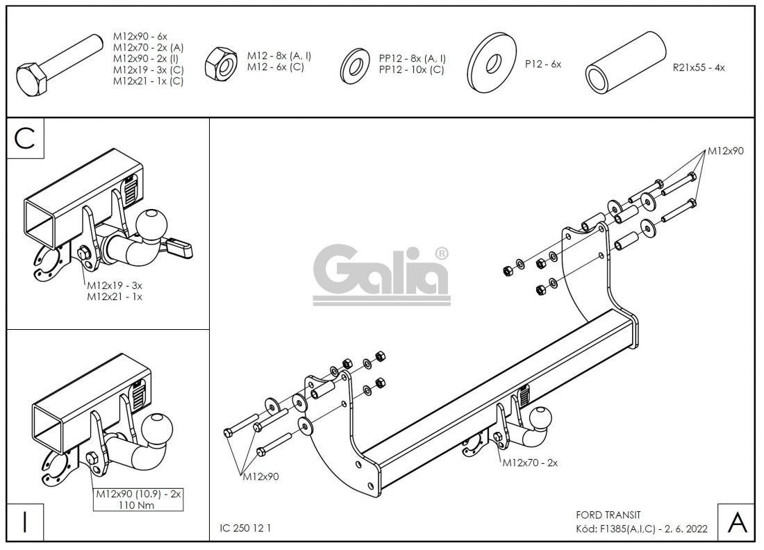 Фаркоп Galia (оцинкованный) Ford Transit шасси 2014- быстросъемное крепление шара