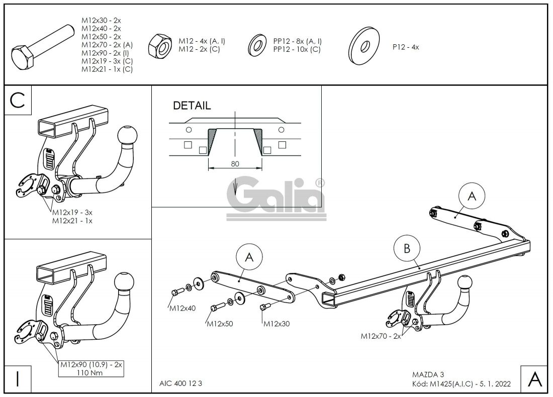 Фаркоп Galia (оцинкованный) Mazda 3 хетчбек 2019- быстросъемное крепление шара