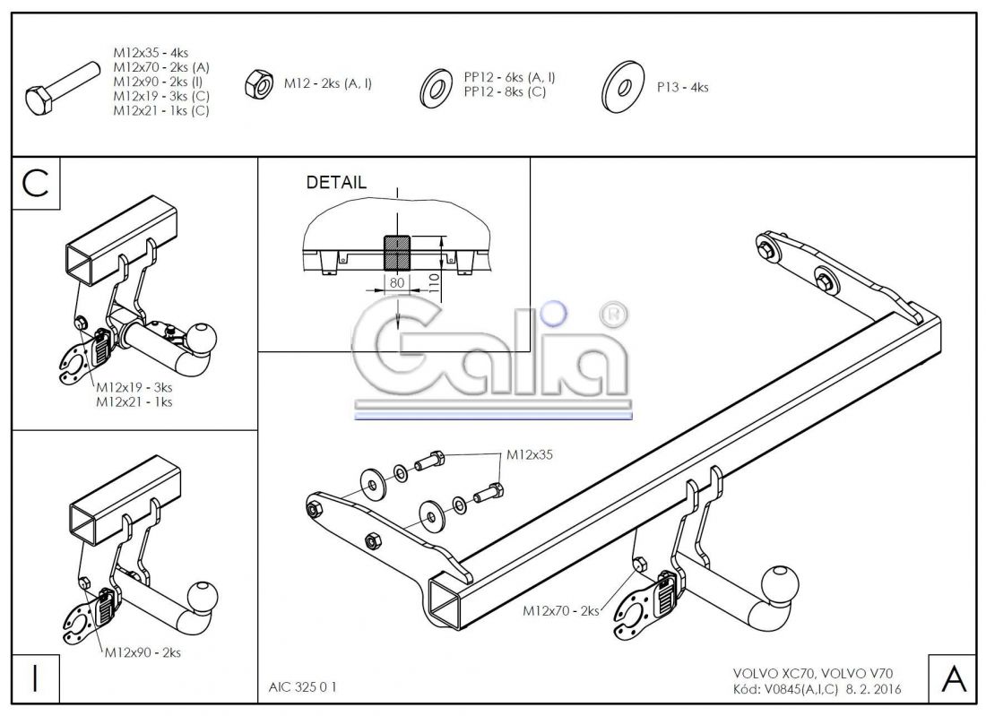 Фаркоп Galia (оцинкованный) Volvo XC70 2007-2016 быстросъемное крепление шара