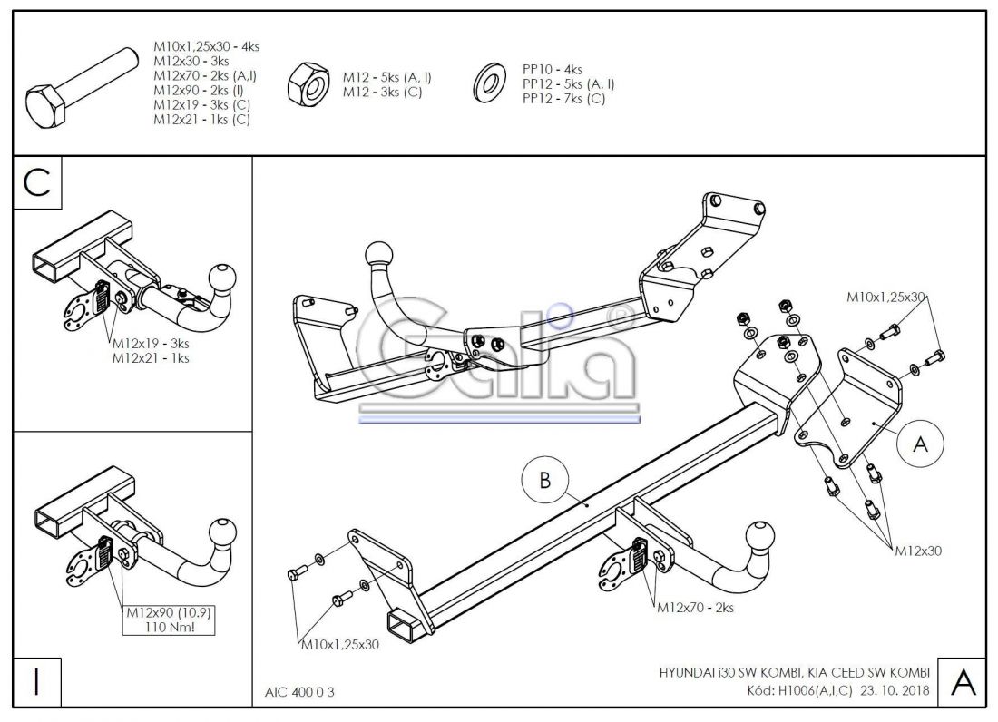 Фаркоп Galia (оцинкованный) Kia Ceed универсал, в т.ч. дизель 2018-, Hyundai i30 универсал, в т.ч. дизель 2017- быстросъемное крепление шара