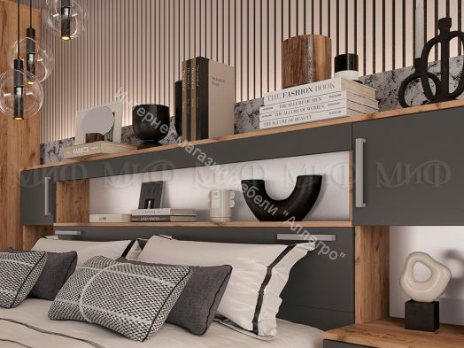 Кровать Бася 1600 мм с надстройкой и тумбами Графит/Дуб крафт