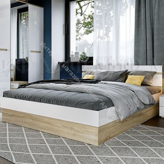 Кровать Ким с ПМ 1600 мм Белый глянец, Дуб Сонома