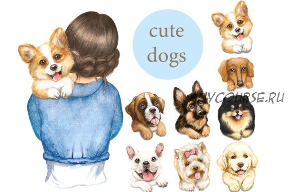 [Creativefabrica] Dogs Watercolor Clipart. Woman with Dog (EvArtPrint)