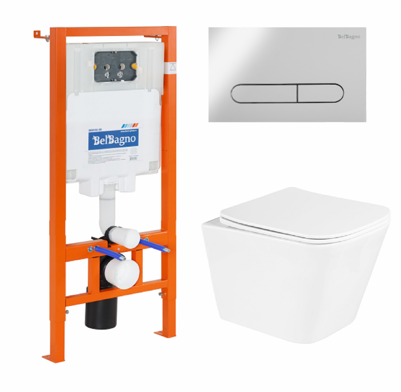 Комплект унитаз подвесной BelBagno DUE BB3103CHR/SC + BB002-80 с кнопкой BB005-PR-CHROME