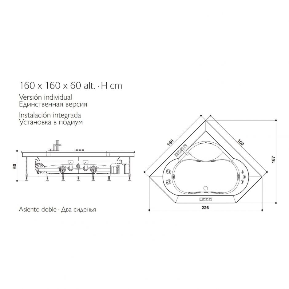 Угловая ванна Jacuzzi Aura Corner 160 Stone с гидромассажем 160x160 ФОТО