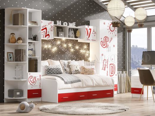 Кровать Вега Алфавит 900х2000 мм  Красный, Белый