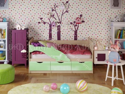 Кровать "Дельфин-1" 1,6*0,8 м Салатовый металлик, Дуб беленый
