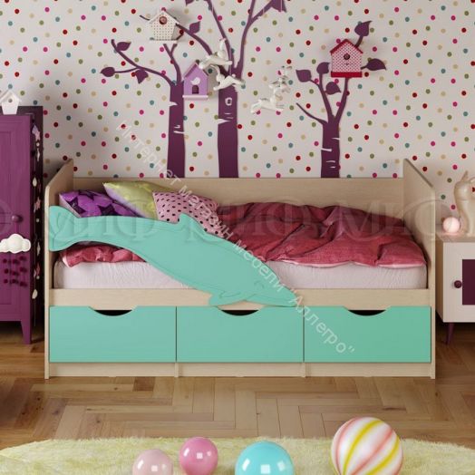 Кровать "Дельфин-1" 2,0*0,8 м Бирюза матовая, Дуб беленый