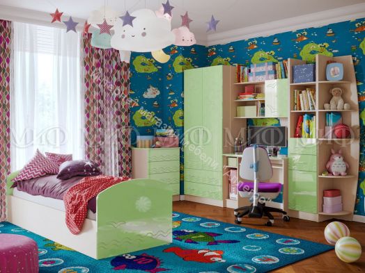 Кровать "Юниор-2" 2,0*0,8 м Салатовый металлик, Дуб беленый