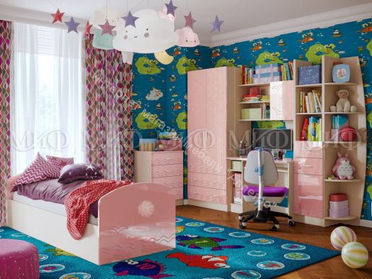 Стенка "Юниор-2" Розовый металлик, Дуб беленый