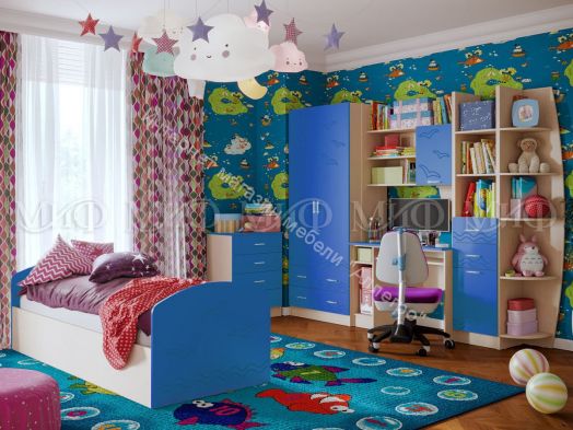 Стенка "Юниор-2" Синий, Дуб беленый