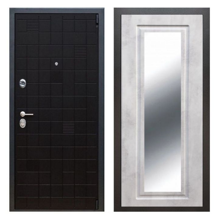 Дверь входная Great Doors Х12 Тетрис Ясень Черный Зеркало Мини ФЛЗ-120 Бетон Светлый