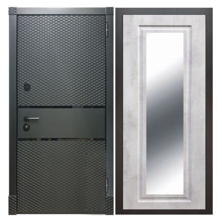 Дверь входная металлическая Great Doors Х15 Черный Кварц Зеркало Мини ФЛЗ-120 Бетон Светлый