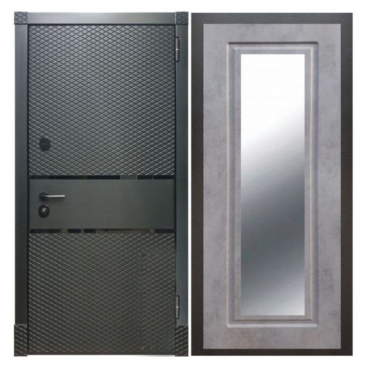 Дверь входная металлическая Great Doors Х15 Черный Кварц Зеркало Мини ФЛЗ-120 Бетон Темный