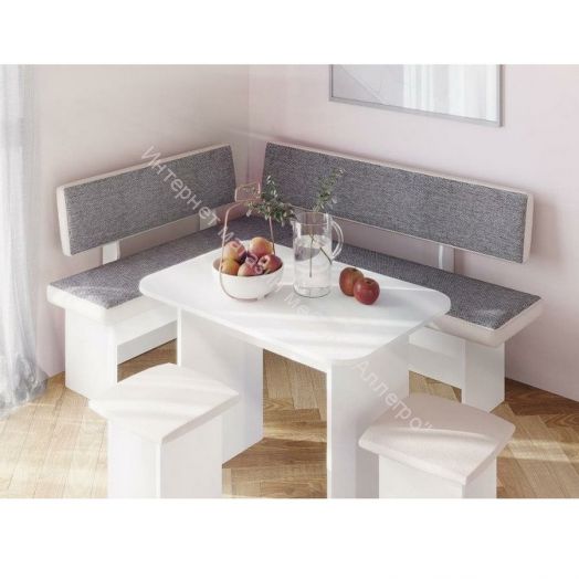 Кухонный уголок Парма белый, кожзам белый/рогожка серый