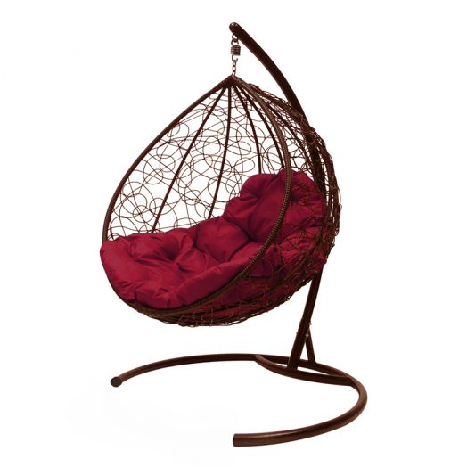 МГККР-12-02 Подвесное кресло КАПЛЯ с ротангом коричневое, бордовая подушка