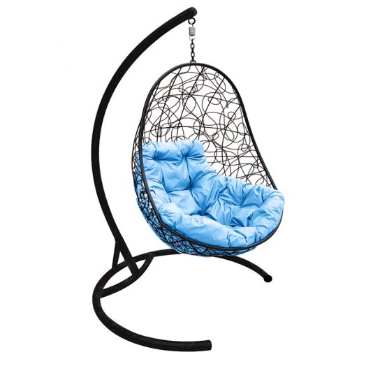 МГКОР-14-03 Подвесное кресло ОВАЛ с ротангом чёрное, голубая подушка