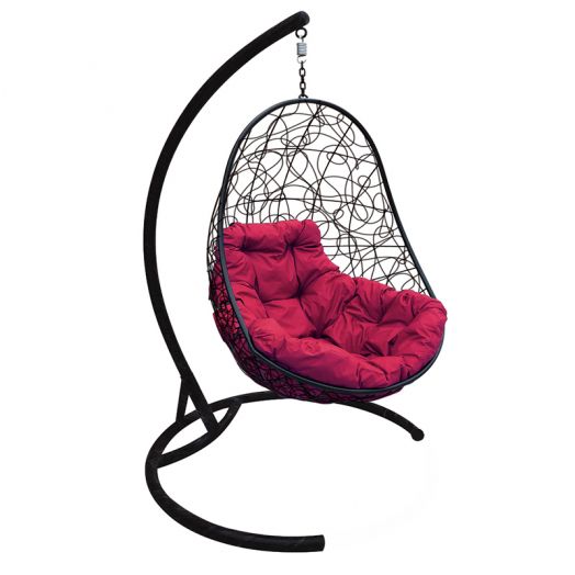 МГКОР-14-02 Подвесное кресло ОВАЛ с ротангом чёрное, бордовая подушка