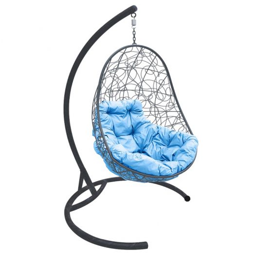 МГКОР-13-03 Подвесное кресло ОВАЛ с ротангом серое, голубая подушка