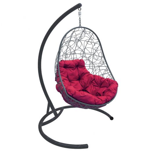 МГКОР-13-02 Подвесное кресло ОВАЛ с ротангом серое, бордовая подушка