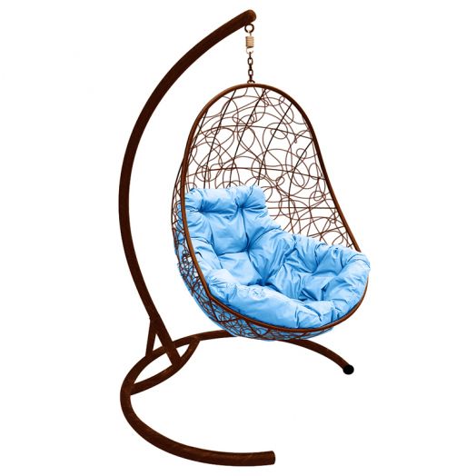 МГКОР-12-03 Подвесное кресло ОВАЛ с ротангом коричневое, голубая подушка