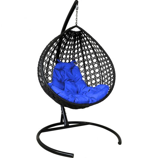 МГККЛР-14-10 Подвесное кресло КАПЛЯ ЛЮКС с ротангом чёрное, синяя подушка