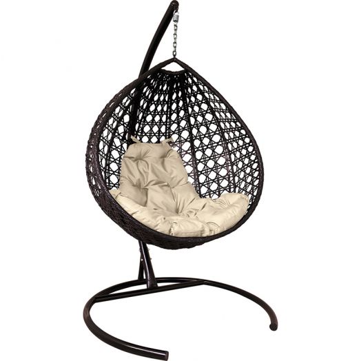 МГККЛР-12-01 Подвесное кресло КАПЛЯ ЛЮКС с ротангом коричневое, бежевая подушка