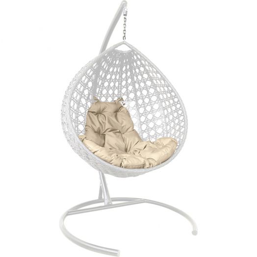МГККЛР-11-01 Подвесное кресло КАПЛЯ ЛЮКС с ротангом белое, бежевая подушка