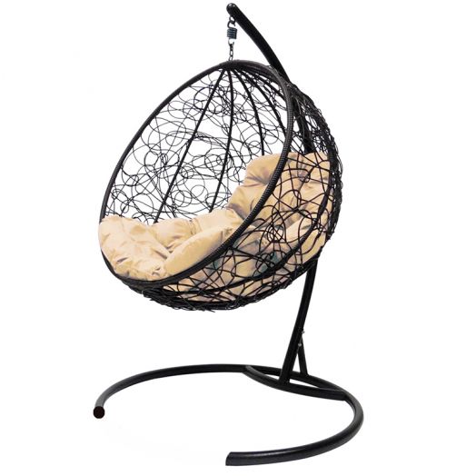 МГКШР-14-01 Подвесное кресло КРУГ с ротангом чёрное, бежевая подушка