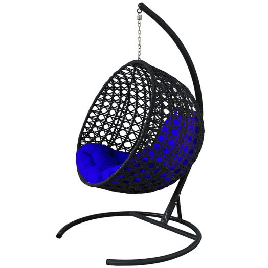 МГКШЛР-14-10 Подвесное кресло КРУГ ЛЮКС с ротангом чёрное, синяя подушка