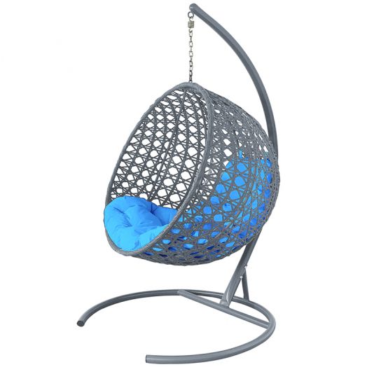 МГКШЛР-13-03 Подвесное кресло КРУГ ЛЮКС с ротангом серое, голубая подушка
