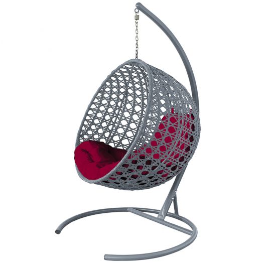 МГКШЛР-13-02 Подвесное кресло КРУГ ЛЮКС с ротангом серое, бордовая подушка