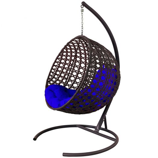 МГКШЛР-12-10 Подвесное кресло КРУГ ЛЮКС с ротангом коричневое, синяя подушка