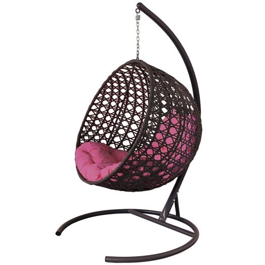 МГКШЛР-12-08 Подвесное кресло КРУГ ЛЮКС с ротангом коричневое, розовая подушка