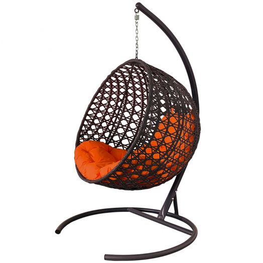 МГКШЛР-12-07 Подвесное кресло КРУГ ЛЮКС с ротангом коричневое, оранжевая подушка