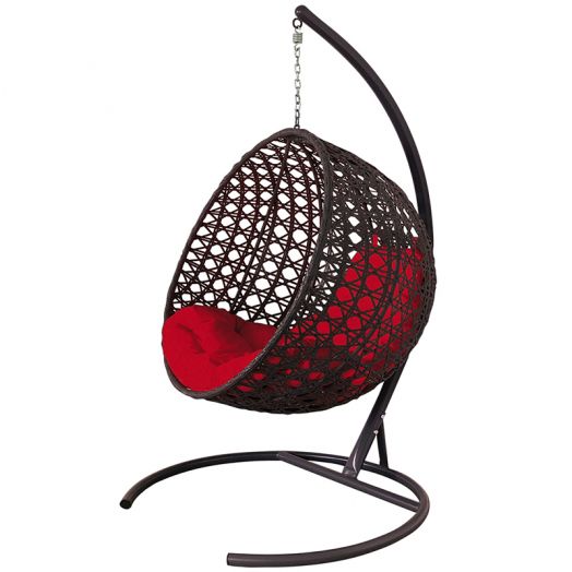 МГКШЛР-12-06 Подвесное кресло КРУГ ЛЮКС с ротангом коричневое, красная подушка
