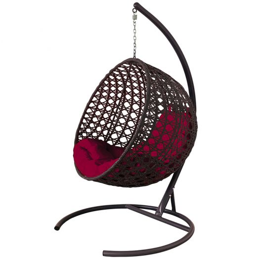 МГКШЛР-12-02 Подвесное кресло КРУГ ЛЮКС с ротангом коричневое, бордовая подушка