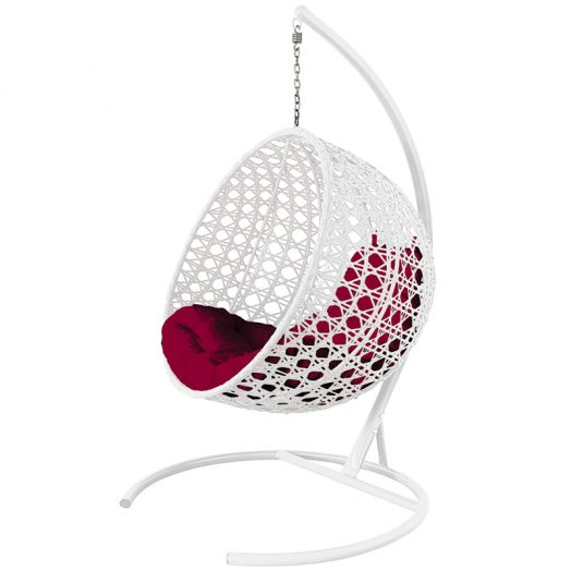 МГКШЛР-11-02 Подвесное кресло КРУГ ЛЮКС с ротангом белое, бордовая подушка