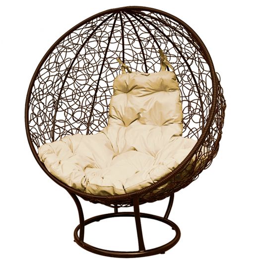 МГКШПР-12-01 Кресло КРУГ на подставке с ротангом коричневое, бежевая подушка