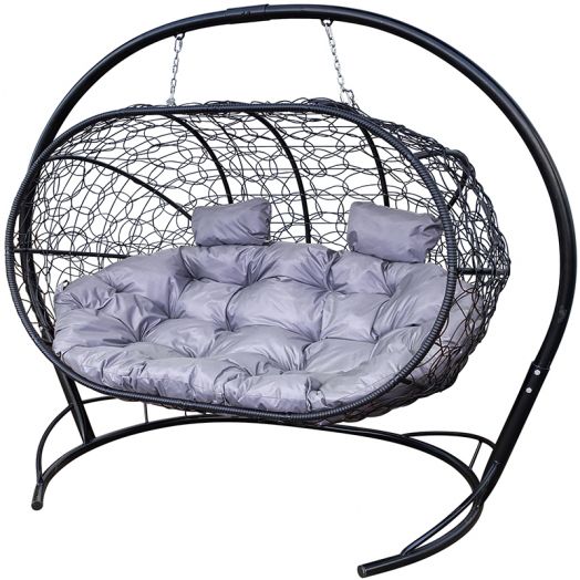 МГПДЛ-14-09 Подвесной диван ЛЕЖЕБОКА с ротангом чёрный, серая подушка