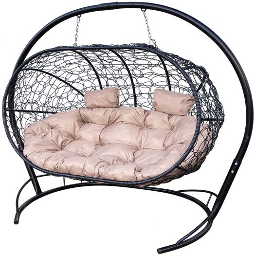МГПДЛ-14-01 Подвесной диван ЛЕЖЕБОКА с ротангом чёрный, бежевая подушка