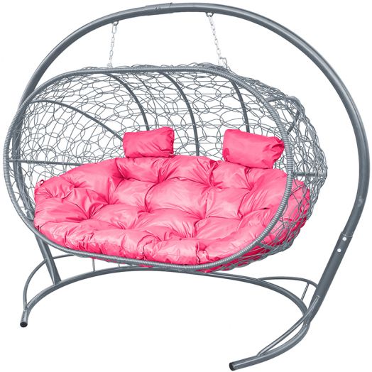 МГПДЛ-13-08 Подвесной диван ЛЕЖЕБОКА с ротангом серый, розовая подушка